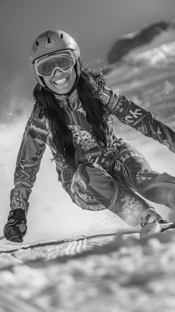 Photo gratuite vue complète de la femme en train de skier monochrome