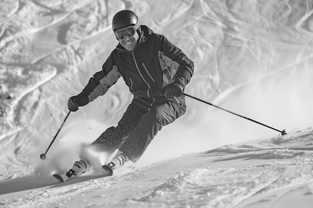 Photo gratuite vue complète de l'homme en train de skier monochrome