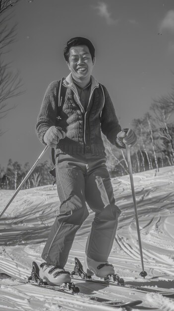 Vue complète de l'homme en train de skier monochrome