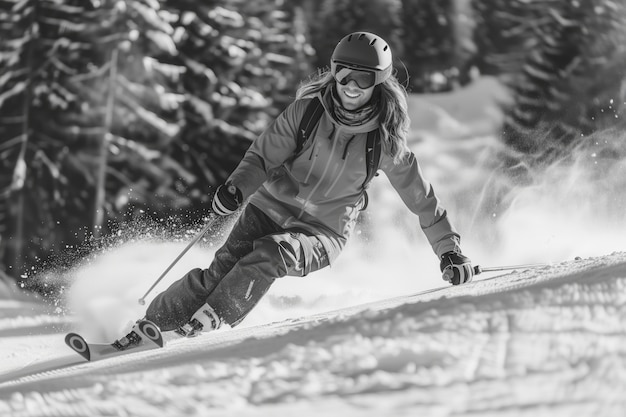 Photo gratuite vue complète de l'homme en train de skier monochrome