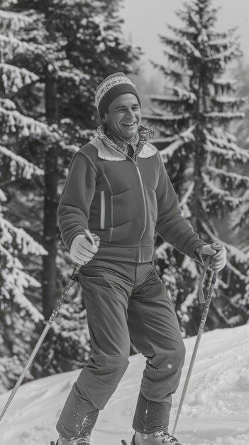 Vue complète de l'homme en train de skier monochrome