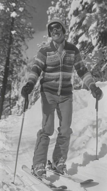 Vue complète de l'homme en train de skier monochrome