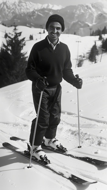 Vue complète de l'homme en train de skier monochrome