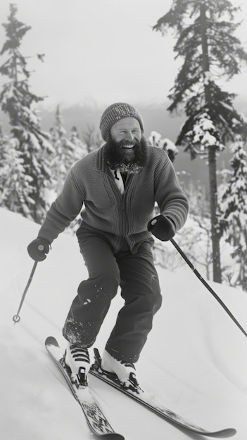 Vue complète de l'homme en train de skier monochrome