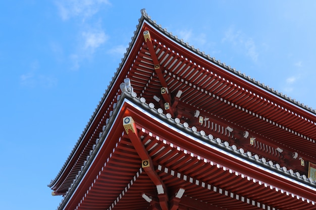 Vue en contre-plongée du côté du plus ancien temple Senso-Ji de Tokyo