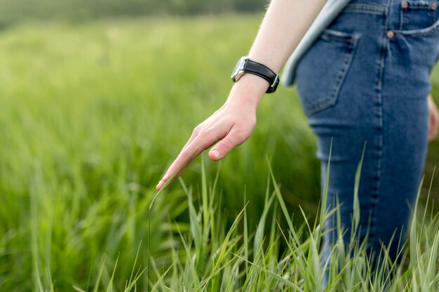 Vue côté, de, femme, par, herbe