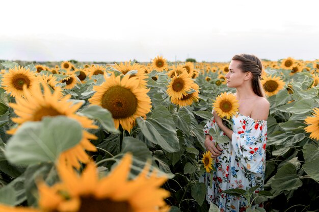 Vue côté, femme, poser, dans, champ tournesol