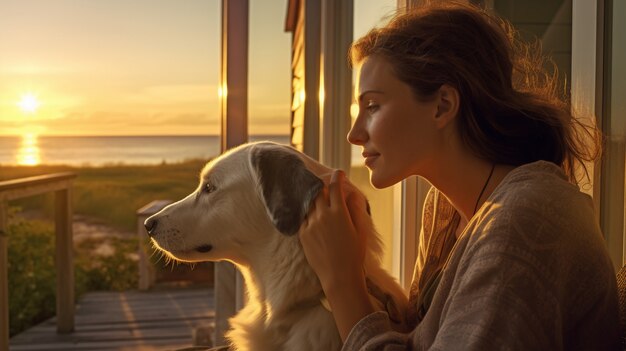 Vue côté, femme, tenue, chien