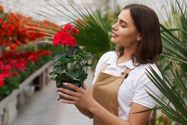 Vue côté, de, femme, tenue, pot, à, fleur rouge