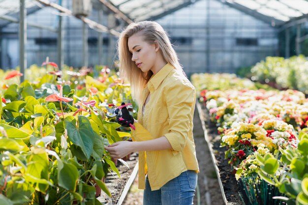 Vue de côté jeune femme s'occupe des fleurs