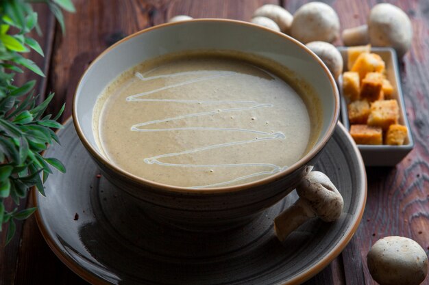 Vue de côté soupe aux champignons avec des craquelins