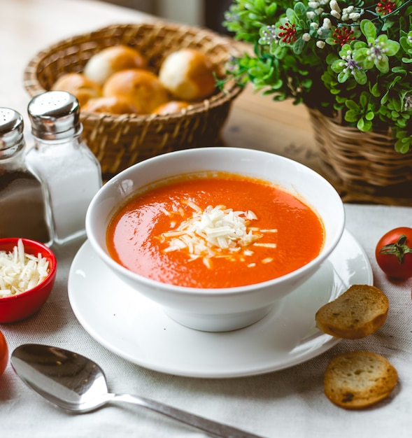 Vue de côté soupe aux tomates avec du fromage râpé et des craquelins