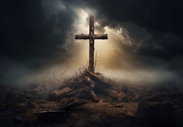 Vue d'une croix religieuse 3D avec un paysage apocalyptique