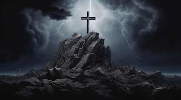 Photo gratuite vue de la croix religieuse 3d avec un temps maussade