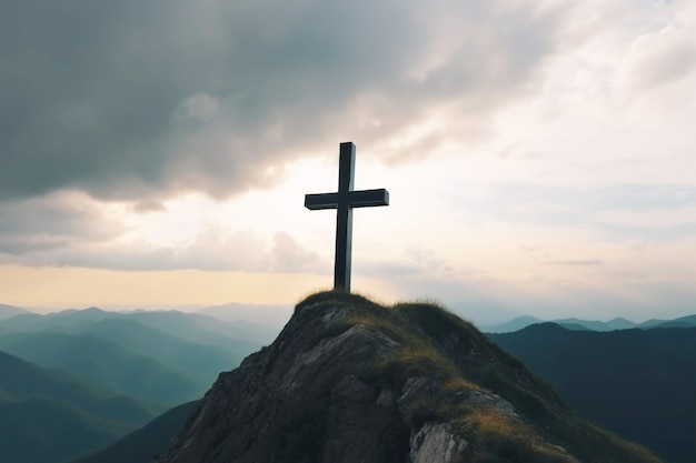 Vue de la croix religieuse au sommet de la montagne avec ciel et nuages