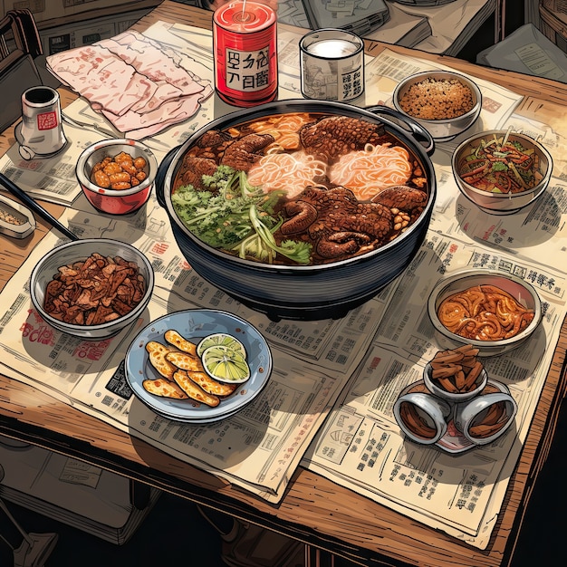 Photo gratuite vue de la délicieuse nourriture pour le dîner de réunion dans le style anime