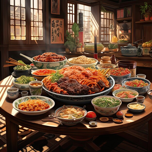 Vue de la délicieuse nourriture pour le dîner de réunion dans le style anime