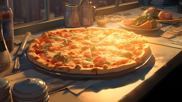 Vue d'une délicieuse pizza dans le style anime
