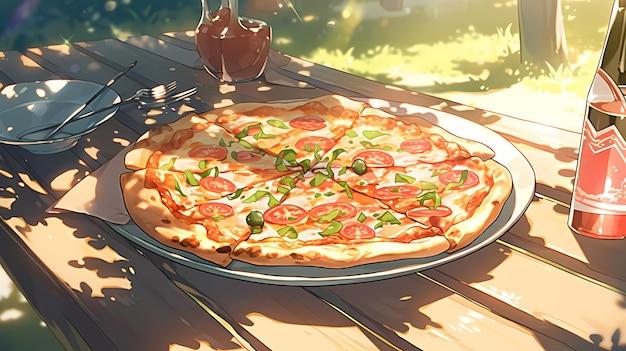 Photo gratuite vue d'une délicieuse pizza dans le style anime