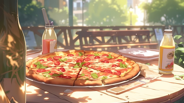 Photo gratuite vue d'une délicieuse pizza dans le style anime