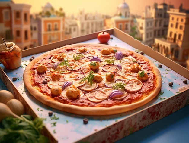 Photo gratuite vue d'une délicieuse pizza de dessin animé en 3d