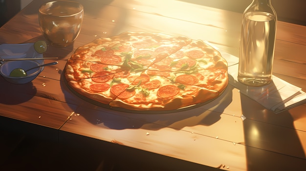 Vue d'une délicieuse pizza de style anime