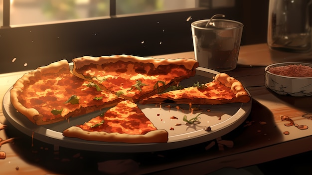 Photo gratuite vue d'une délicieuse pizza de style anime