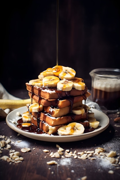 Vue de délicieuses gaufres avec tranches de banane et sirop