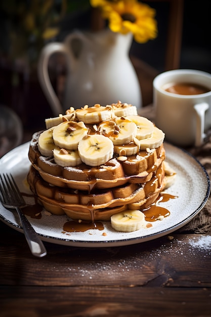 Photo gratuite vue de délicieuses gaufres avec tranches de banane et sirop