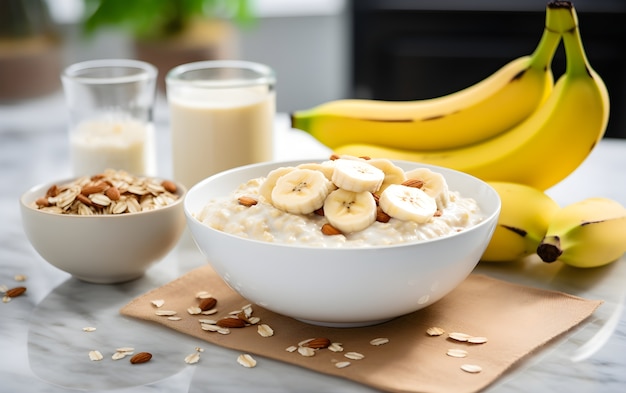 Photo gratuite vue sur un délicieux bol de petit-déjeuner avec banane et assortiment de fruits