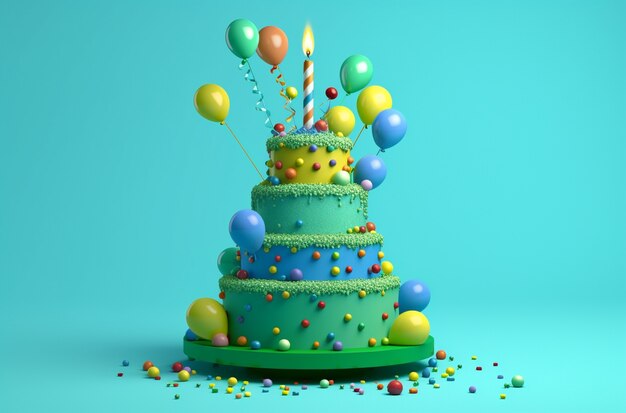 Vue d'un délicieux gâteau en 3D avec bougie et ballons