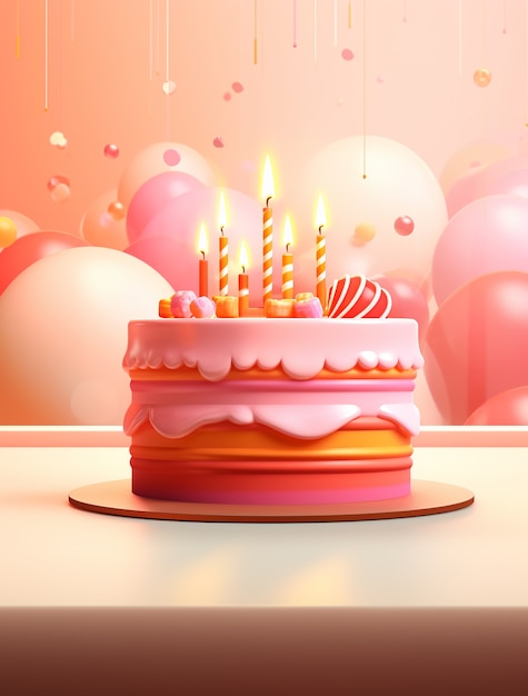 Vue d'un délicieux gâteau en 3D avec des bougies et des ballons