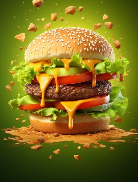 Vue d'un délicieux hamburger en 3D