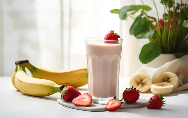 Vue sur un délicieux shake à la banane et aux fraises