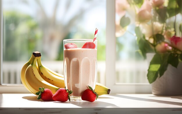 Vue sur un délicieux shake à la banane et aux fraises