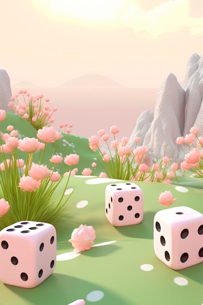 Vue des dés 3D avec des fleurs