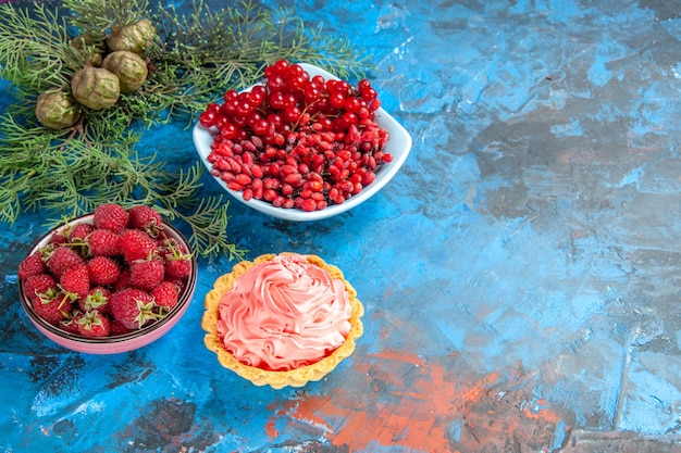 Vue de dessous framboises fraîches groseilles et épine-vinettes dans des bols branche de pin petite tarte sur table bleue espace libre