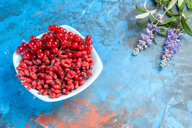 Vue de dessous groseilles et épine-vinettes dans une assiette blanche branche de fleurs violettes sur une table rouge bleu
