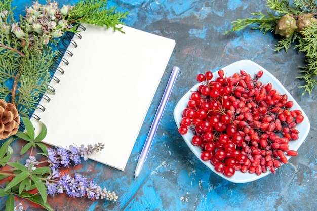 Photo gratuite vue de dessous groseilles et épine-vinettes dans des bols branche de pin un cahier un stylo sur une table bleue