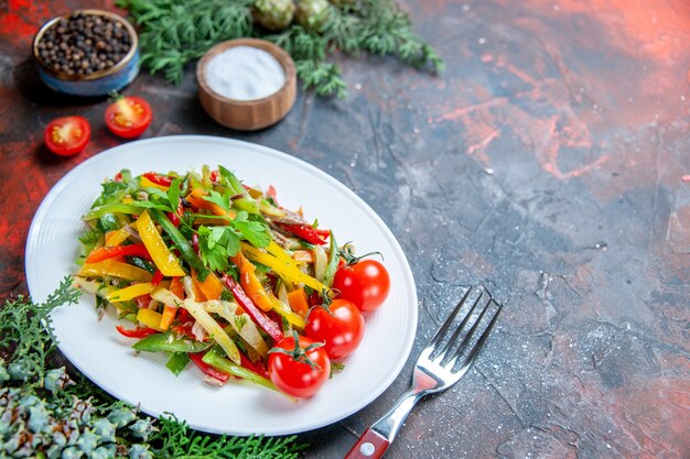 Vue de dessous salade de légumes sur une assiette ovale fourchette de tomates cerises sur une surface rouge foncé