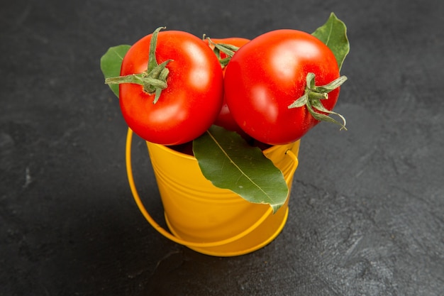 Vue de dessous un seau avec des tomates et des feuilles de laurier sur fond sombre