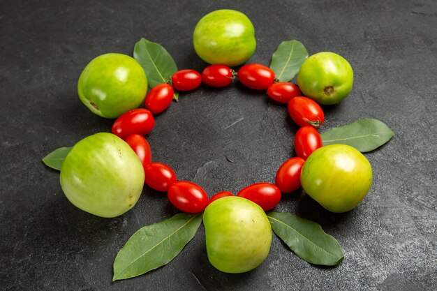 Vue de dessous tomates cerises tomates vertes et feuilles de laurier sur fond sombre