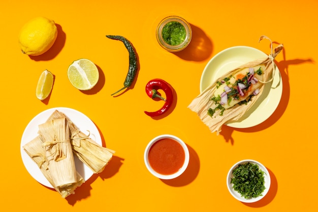 Vue de dessus arrangement des ingrédients tamales