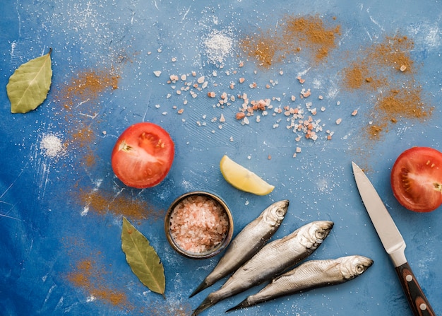 Vue de dessus arrangement de poisson et de tomate