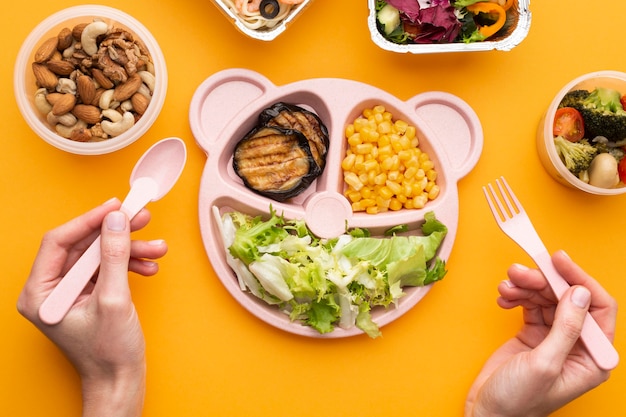 Vue de dessus arrangement des repas par lots