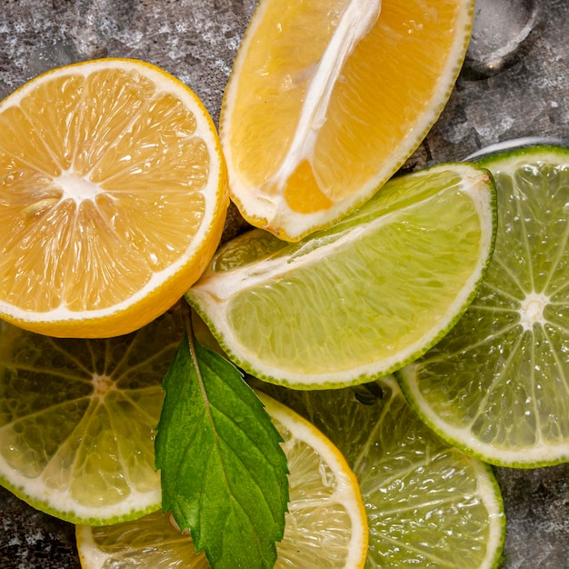 Photo gratuite vue de dessus d'arrangement de tranches de citron vert et citron