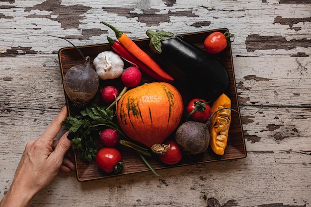 Photo gratuite vue de dessus assortiment de légumes dans un bac