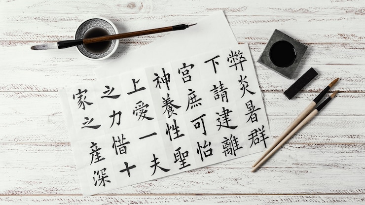 Photo gratuit vue de dessus assortiment de symboles chinois écrits à l'encre