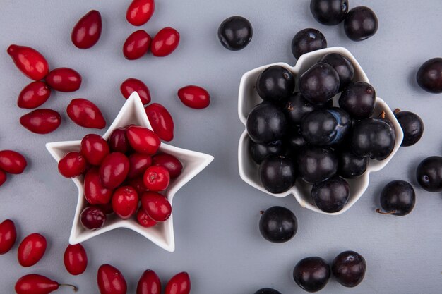 Vue de dessus des baies de cornouiller rouge frais sur un bol en forme d'étoile avec des raisins noirs sur fond gris
