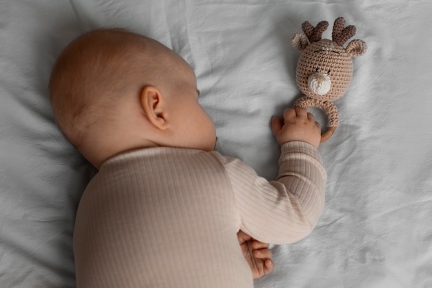 Photo gratuite vue de dessus bébé mignon avec animal en peluche